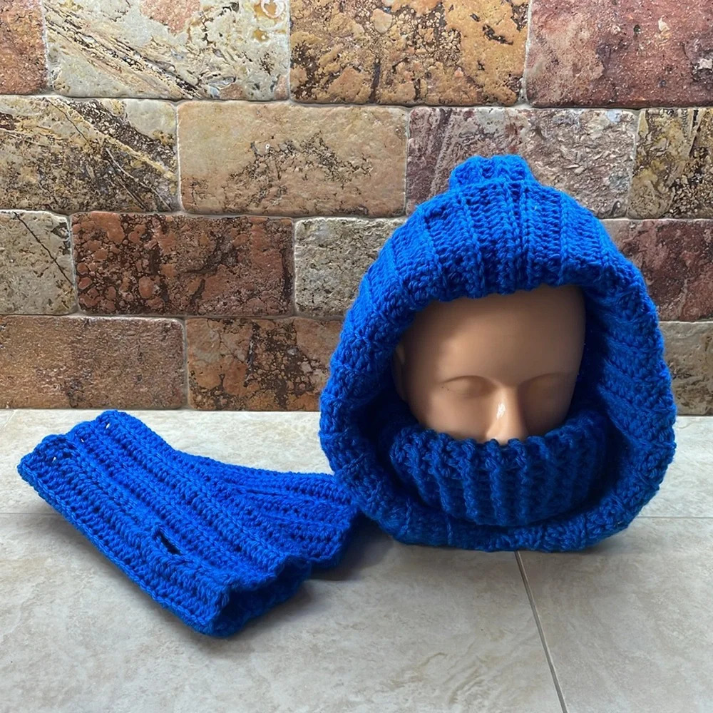 Handmade Women Hat Turtleneck Hoodie Gloves Crochet Scarf Ski Stretchy Warm NWOT - Picture 4 of 14